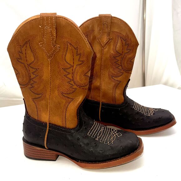 Roper Western Boots Boys Ostrich Faux Little Kids 11 Black/Tan - Picture 2 of 8